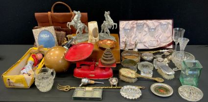 Boxes & Objects - pair of small silver patinated metal figures, Marley Horses, balance scales and