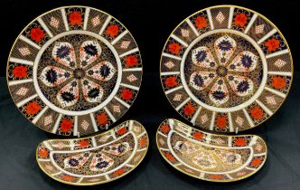 A pair of Royal Crown Derby ‘Old Imari’ plates, 27cm dia, a pair of kidney dishes, 22cm dia, all