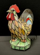 A Tiffany style leaded stained glass table lamp, as a cockerel, 36cm high