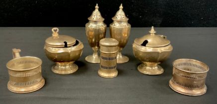 A matched silver four piece cruet set, salt, mustard, and pair of peppers, Birmingham marks, part