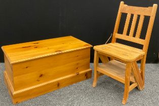 A metamorphic chair, transforming into a set of library steps; a pine blanket chest, 40cm high x