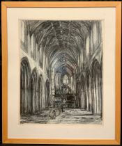 Margueritte Elliott Chester Cathedral Nave signed, charcoal, 60cm x 48cm.