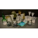 A Murano glass boat bowl, another opaline glass, Simon Pearce Windsor pattern jug, cut glass