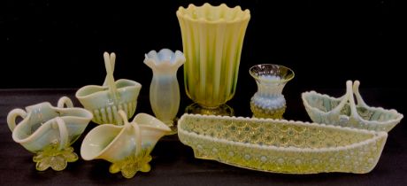 A Davidson & Co Vaseline Uranium pressed glass basket, similar vase, boat dish, celery vase etc (8)