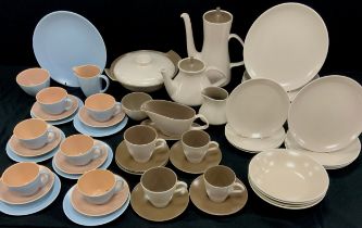 A Poole ‘Mushroom and sepia’ pattern part table service for six including; a tea pot, coffee pot,