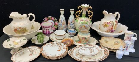 Late Victorian ceramics including; floral print wash bowl and jug, 33cm high, another similar,