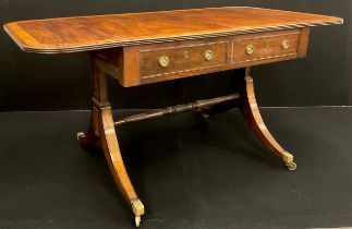 A late 19th century mahogany sofa table; crossbanded rounded rectangular top, pair of drawers to