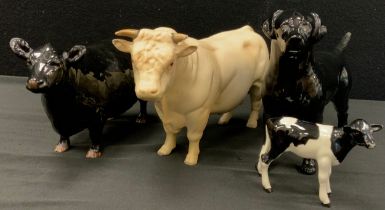 Beswick Limousin cow, 23cm long, Aberdeen Angus, 18cm long, Friesian calf, 7cm high, Beswick black