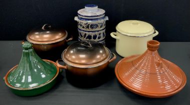 A pair of Bonyhad EMA Lion enamelled traditional high sided cooking pots and covers, in copper and