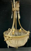 A renaissance style gilt metal chandelier, bow and acanthus leaf detailing ,cut glass beaded work,