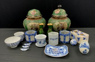 Oriental ceramics - a pair of 20th century Chinese lidded urns, 30cm high, a pair of green cloisonné