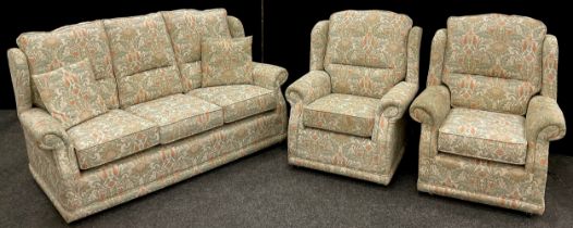 A contemporary three seat sofa, William Morris style fabric upholstery, 99cm high x 173cm x 91cm;
