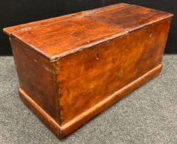 A late 19th century pine double compartment tool chest, 50.5cm high x 104cm wide x 47cm.