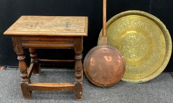 A 19th century oak Joint stool; a Brass charger; Copper warming pan (3)