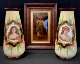 A pair of 19th century milk glass vases, decorated with classical lady's, flowers in there hairs,