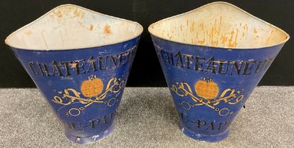 A pair of blue 'Chateau Neuf du Pape' reproduction grape carriers, each measuring 61.5cm high x 60cm