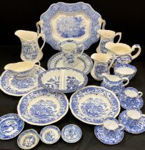 Blue and white ceramics including Spode Copeland tea cups and saucers, milk jug, sugar bowl,