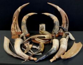 Horns- two pairs of carved bovine horns, with Dragons, Tigers and Mythical Beasts, powder flask