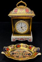 Royal Crown Derby 1128 pattern ‘Old Imari’ carriage clock, 18cm high, 1128 trinket dish, 14cm