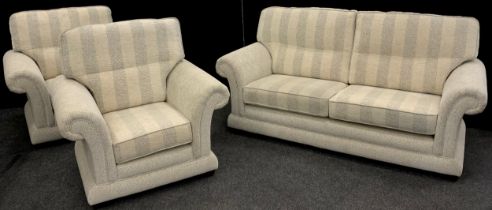 A contemporary scroll arm three seat sofa, 101cm high x 203cm wide x 92cm deep, and a conforming