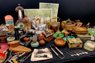 Boxes and objects - Treen including bowls, sycamore trinket boxes, inkwell; a pair of brass