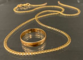 A 9ct gold wedding band, size P, 9ct gold necklace (snapped), 8.2g gross