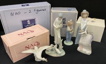 Lladro including geese figure group, 11cm high, flying goose, 16cm long; Nao figure of girl, 19cm