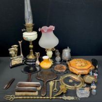 Boxes and Objects - hand painted milk glass reservoir oil lamp, 42cm high, Victorian dressing