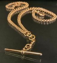 A 9ct gold graduating link double Albert chain, T bar and loop terminals, 42.5cm long, 32.6g