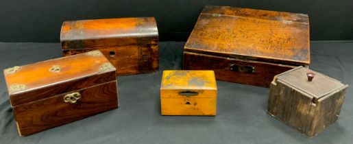19th century writing slope, 34cm long, a Victorian marquetry inlaid tea caddy, fitted interior,