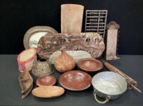 Boxes and objects - tribal objects, treen bowls, hammered oval mirror, 35cm long, abacus; etc