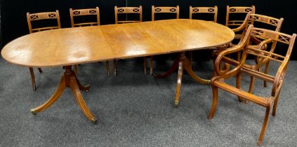 A regency style yew wood reproduction D-end dining table (with additional leaf), and a set of