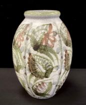 A Denby Glynn College baluster vase, decorated in tones of green, browns, grey, 34cm high