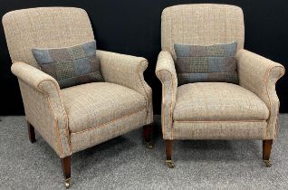 A pair of Harris Tweed armchairs, tapering square legs, brass casters, 88cm high x 72cm wide x