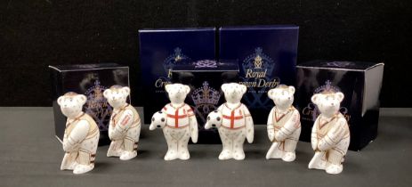 Royal Crown Derby sporting teddies including Ashes Cricketers and Footballers, no stoppers, boxed (