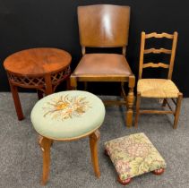 An early 20th century walnut tapestry top stool; mahogany side table, fretwork frieze; late 19th