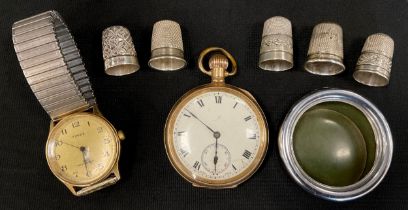 Watches etc - a Dennison Moon gold plated open face pocket watch, white enamel dial, stem wind