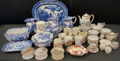 Ceramics - Blue and white ware including; meat dish, jugs and lobed bowl; Royal Crown Derby ‘Mikado’