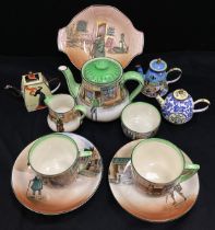 Royal Doulton Dicken's pattern seriesware tea service for two; painted enamel miniature tea pots