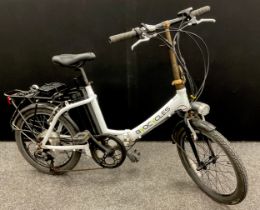 A Byocycles folding electric bicycle, white frame.