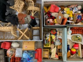 A quantity of doll House accessories including furniture, clothes, dolls, animals; etc (5 boxes)