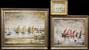 L. S. Lowry, after, ‘Yachts at Latham’, textured art print, laid on board, 50cm x 60cm; another, ‘