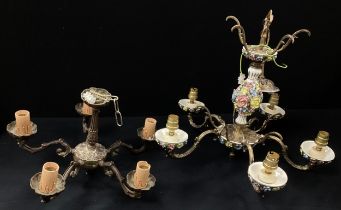 A Capodimonte style five branch chandelier, moulded with flowers, 40cm high; another smaller (2)