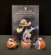 Royal Crown Derby paperweights including; ‘Bullfinch’, ’Robin’, another on Nest, mostly gold