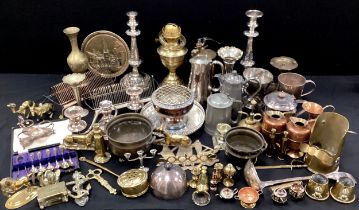 Metal ware including; brass trench art, miniatures including tea pot, cullender, pair of silver