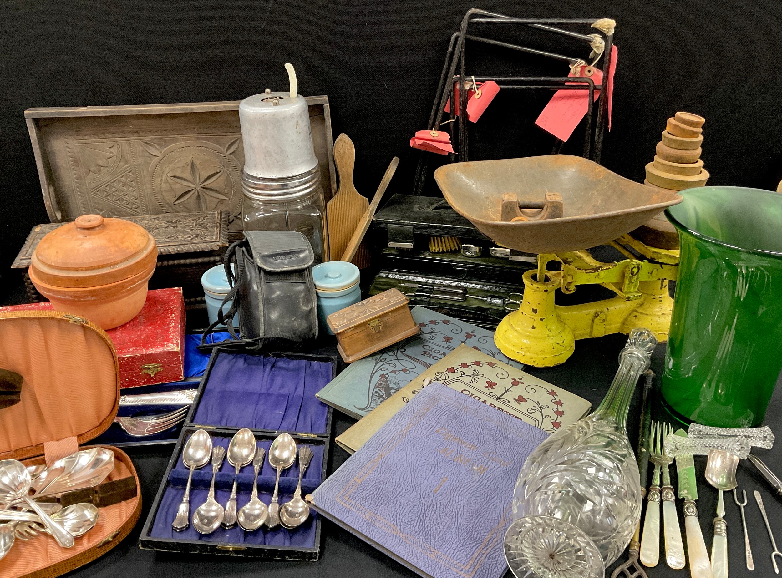 Boxes and Objects - Butter churn with pots and wooden butter pats, carved hardwood tray and box,