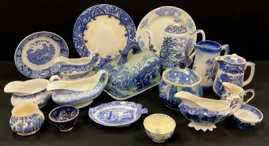 Blue and white ware including a 18th century Chinese tea bowl,8.5cm dia, Spode Italian leaf dish;