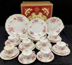 A box set of Royal Crown Derby ‘Derby Posies’ ware including; eight tea cups and saucers, six side
