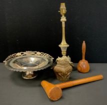 A 19th century brass table lamp, tripod hoof feet, oval swing handle silver plated bowl, treen