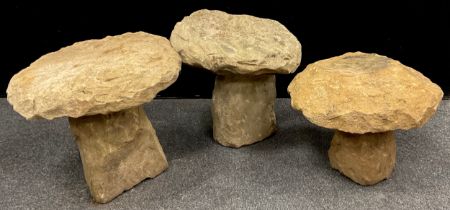 A group of three Derbyshire gritstone staddle stones, the largest measuring 36cm high x 36.5cm x